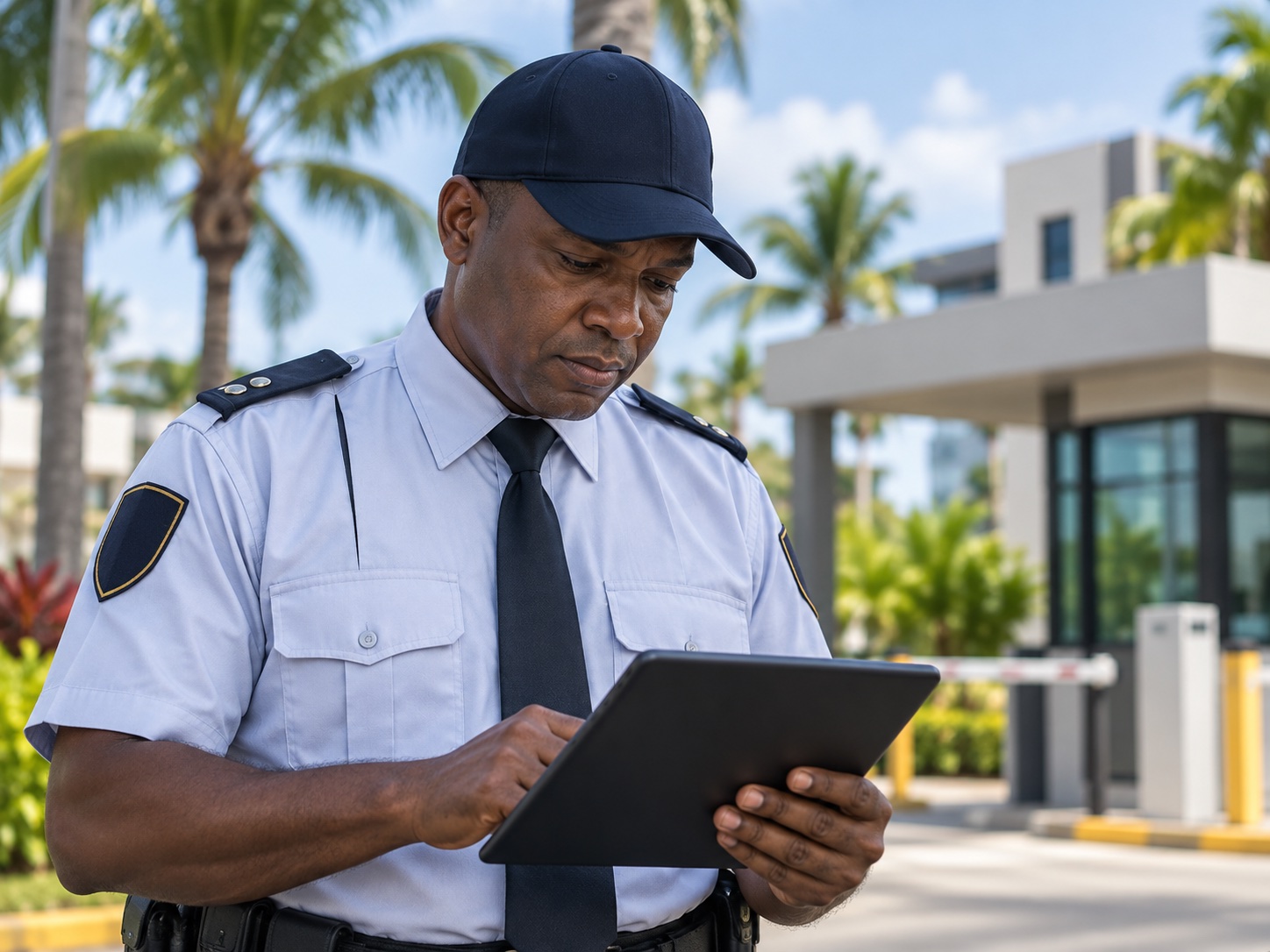 A security officer checking the shift schedule on a tablet